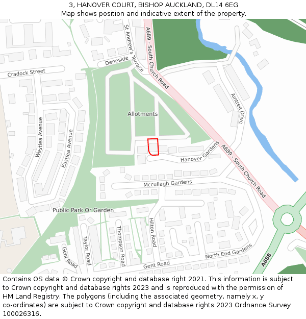 3, HANOVER COURT, BISHOP AUCKLAND, DL14 6EG: Location map and indicative extent of plot