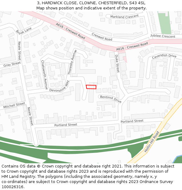3, HARDWICK CLOSE, CLOWNE, CHESTERFIELD, S43 4SL: Location map and indicative extent of plot
