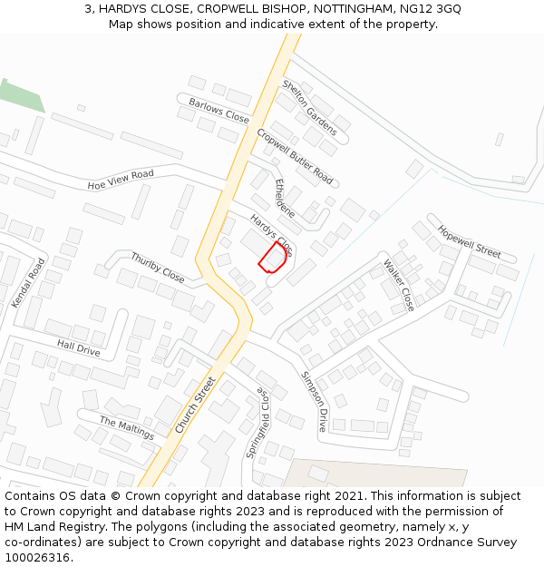 3, HARDYS CLOSE, CROPWELL BISHOP, NOTTINGHAM, NG12 3GQ: Location map and indicative extent of plot