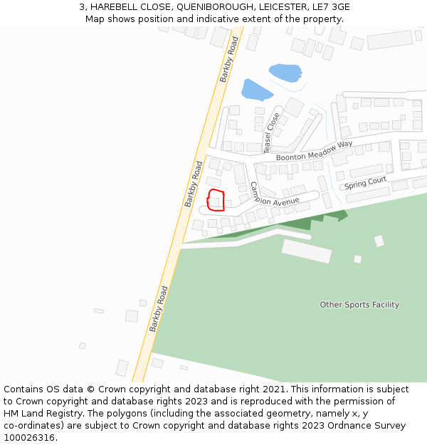 3, HAREBELL CLOSE, QUENIBOROUGH, LEICESTER, LE7 3GE: Location map and indicative extent of plot