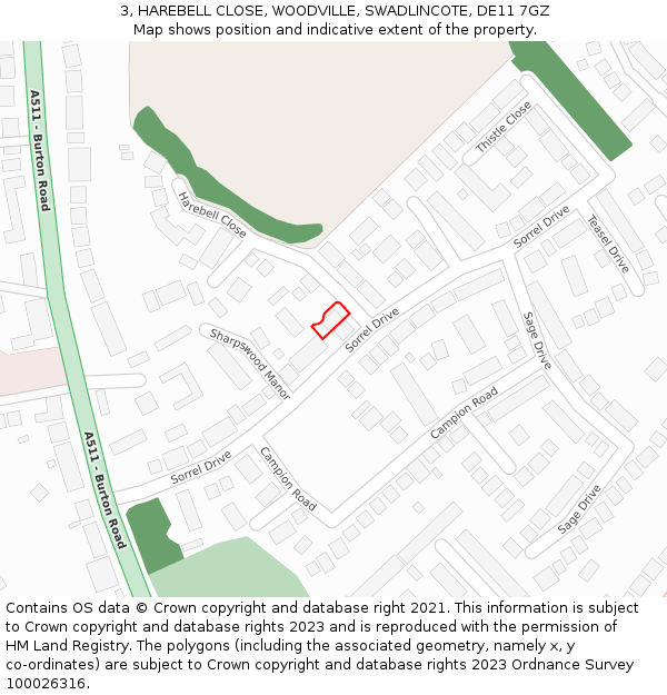 3, HAREBELL CLOSE, WOODVILLE, SWADLINCOTE, DE11 7GZ: Location map and indicative extent of plot