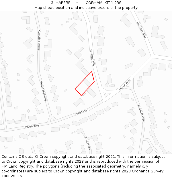 3, HAREBELL HILL, COBHAM, KT11 2RS: Location map and indicative extent of plot