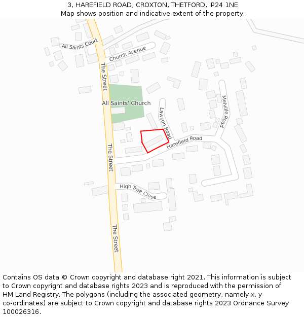 3, HAREFIELD ROAD, CROXTON, THETFORD, IP24 1NE: Location map and indicative extent of plot