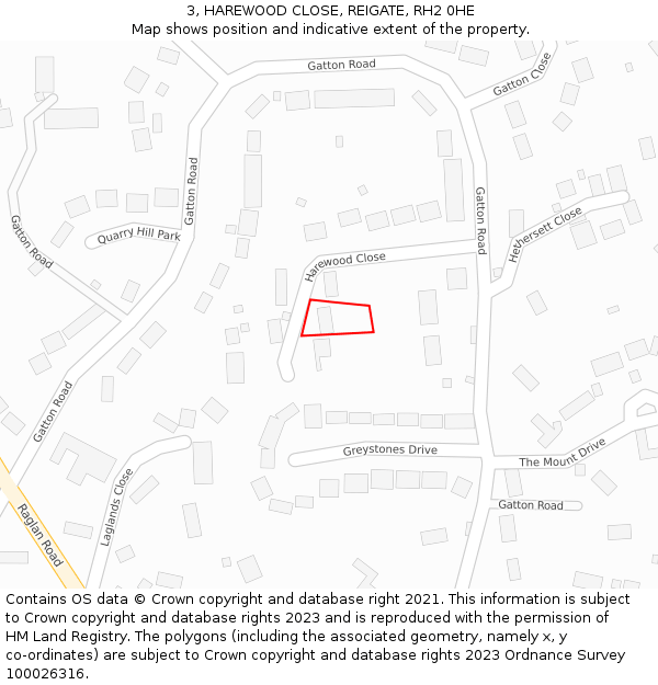 3, HAREWOOD CLOSE, REIGATE, RH2 0HE: Location map and indicative extent of plot