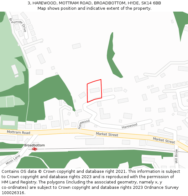 3, HAREWOOD, MOTTRAM ROAD, BROADBOTTOM, HYDE, SK14 6BB: Location map and indicative extent of plot