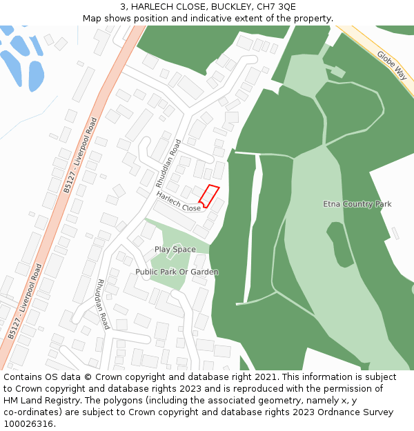 3, HARLECH CLOSE, BUCKLEY, CH7 3QE: Location map and indicative extent of plot