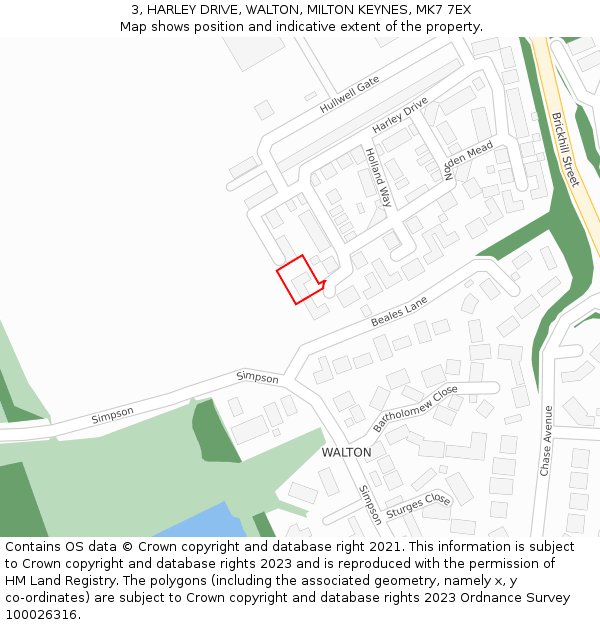 3, HARLEY DRIVE, WALTON, MILTON KEYNES, MK7 7EX: Location map and indicative extent of plot