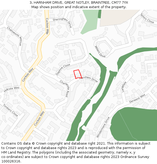 3, HARNHAM DRIVE, GREAT NOTLEY, BRAINTREE, CM77 7YX: Location map and indicative extent of plot