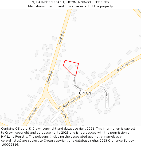 3, HARNSERS REACH, UPTON, NORWICH, NR13 6BX: Location map and indicative extent of plot