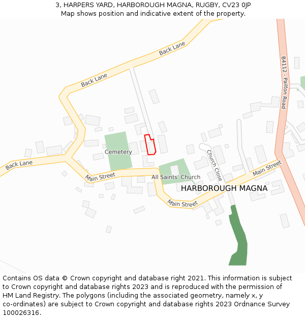 3, HARPERS YARD, HARBOROUGH MAGNA, RUGBY, CV23 0JP: Location map and indicative extent of plot