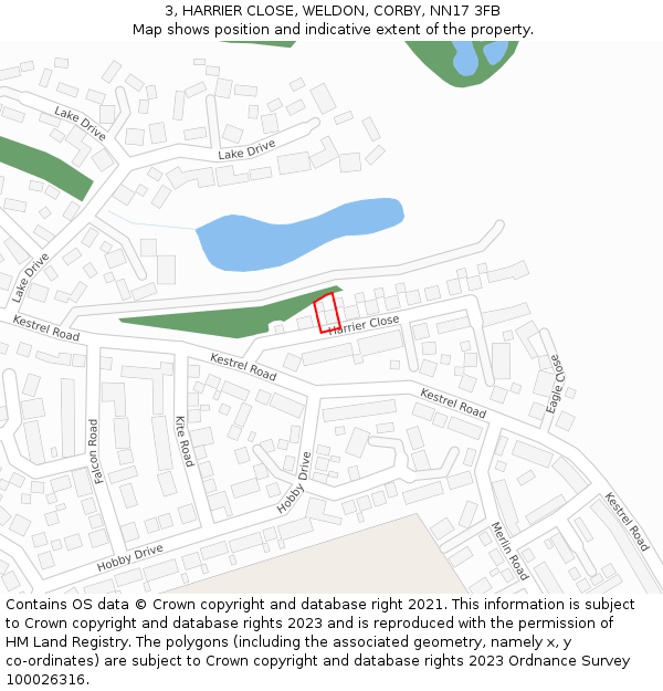 3, HARRIER CLOSE, WELDON, CORBY, NN17 3FB: Location map and indicative extent of plot