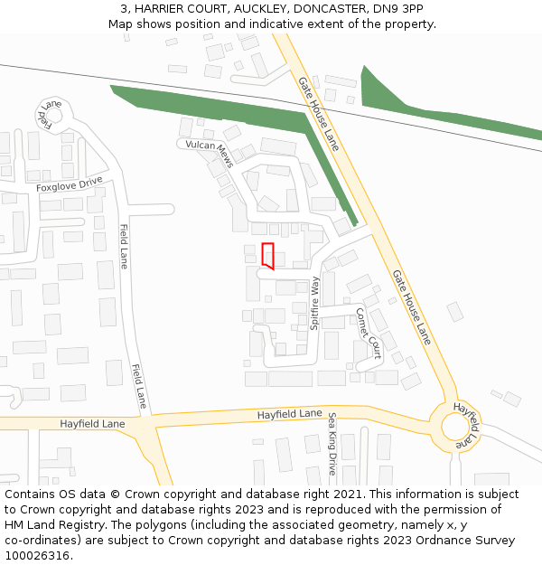 3, HARRIER COURT, AUCKLEY, DONCASTER, DN9 3PP: Location map and indicative extent of plot