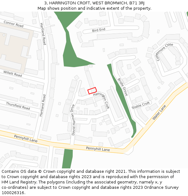 3, HARRINGTON CROFT, WEST BROMWICH, B71 3RJ: Location map and indicative extent of plot