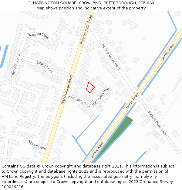 3, HARRINGTON SQUARE, CROWLAND, PETERBOROUGH, PE6 0AX: Location map and indicative extent of plot