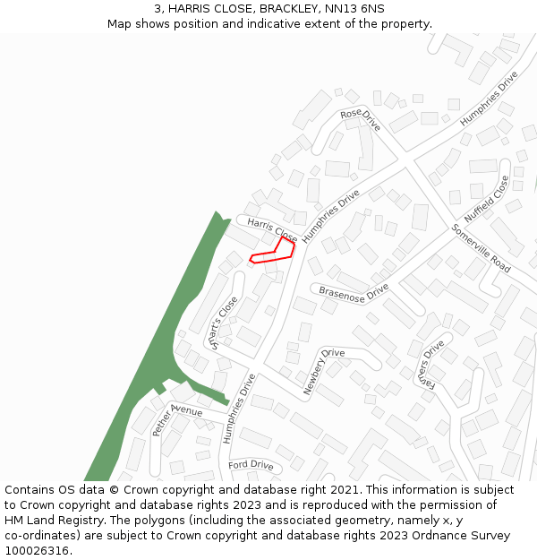 3, HARRIS CLOSE, BRACKLEY, NN13 6NS: Location map and indicative extent of plot