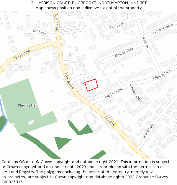 3, HARRISON COURT, BUGBROOKE, NORTHAMPTON, NN7 3ET: Location map and indicative extent of plot
