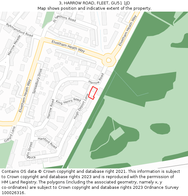 3, HARROW ROAD, FLEET, GU51 1JD: Location map and indicative extent of plot