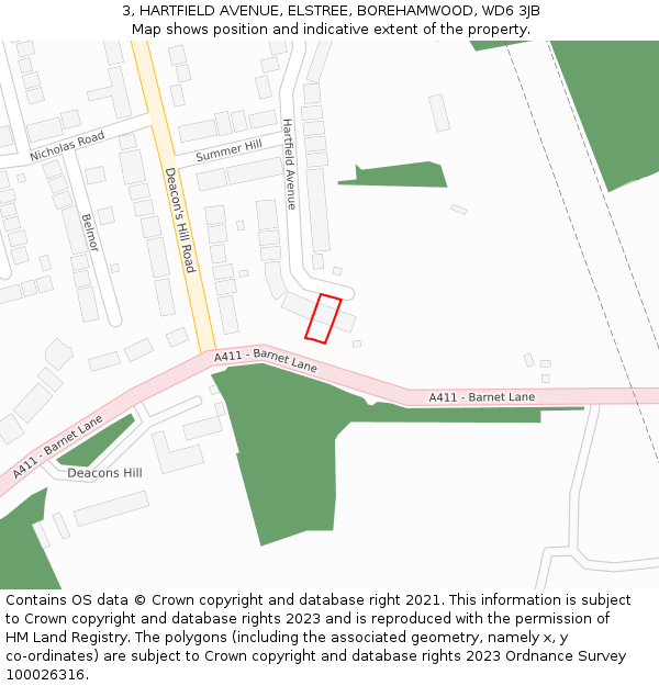 3, HARTFIELD AVENUE, ELSTREE, BOREHAMWOOD, WD6 3JB: Location map and indicative extent of plot