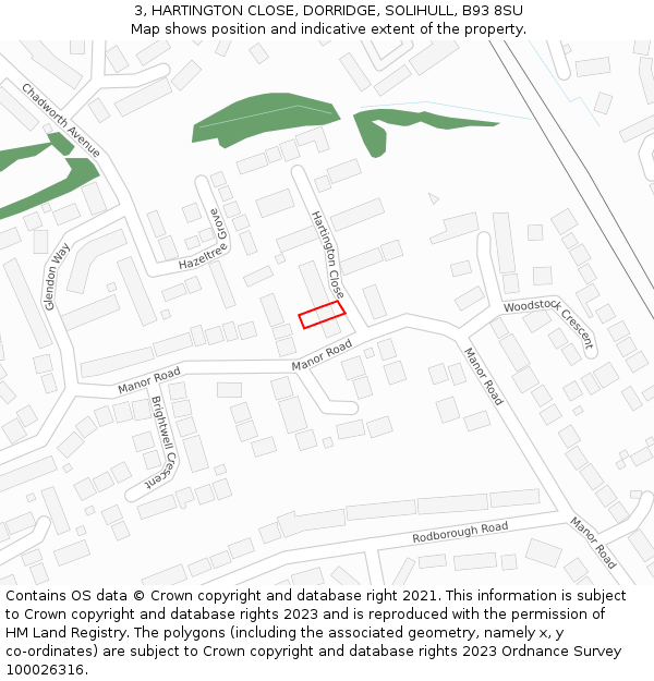 3, HARTINGTON CLOSE, DORRIDGE, SOLIHULL, B93 8SU: Location map and indicative extent of plot