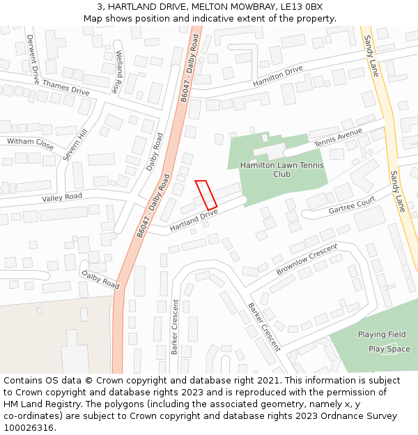 3, HARTLAND DRIVE, MELTON MOWBRAY, LE13 0BX: Location map and indicative extent of plot
