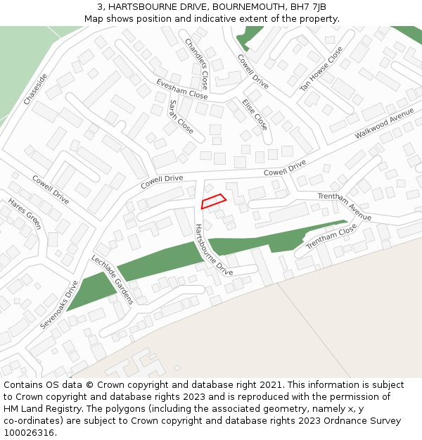 3, HARTSBOURNE DRIVE, BOURNEMOUTH, BH7 7JB: Location map and indicative extent of plot