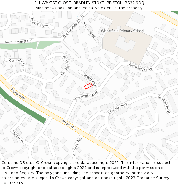 3, HARVEST CLOSE, BRADLEY STOKE, BRISTOL, BS32 9DQ: Location map and indicative extent of plot