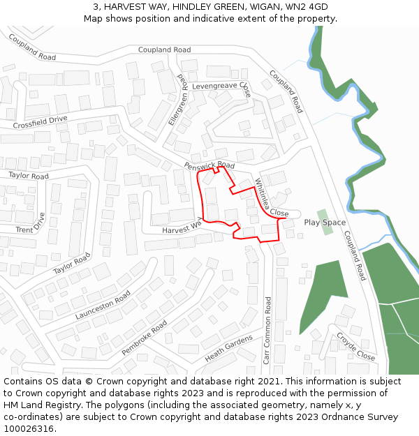 3, HARVEST WAY, HINDLEY GREEN, WIGAN, WN2 4GD: Location map and indicative extent of plot