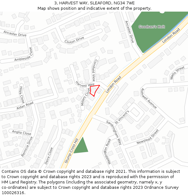 3, HARVEST WAY, SLEAFORD, NG34 7WE: Location map and indicative extent of plot