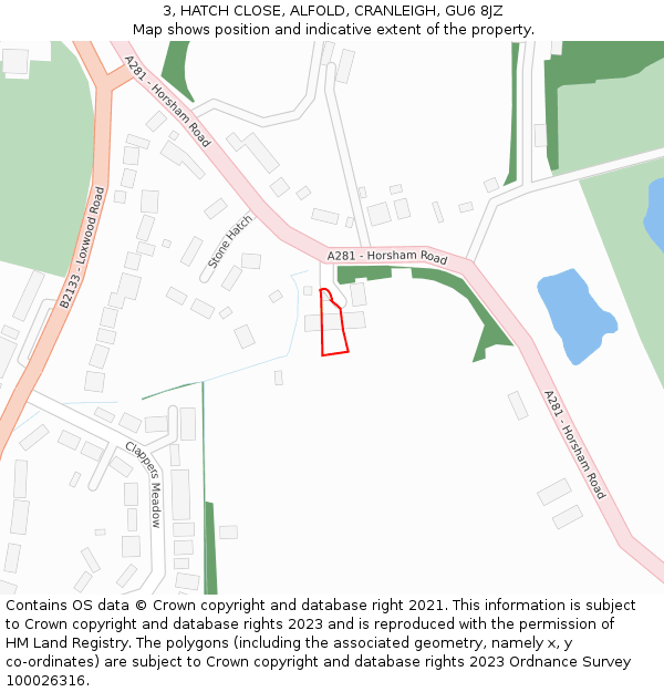 3, HATCH CLOSE, ALFOLD, CRANLEIGH, GU6 8JZ: Location map and indicative extent of plot