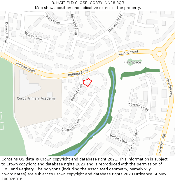 3, HATFIELD CLOSE, CORBY, NN18 8QB: Location map and indicative extent of plot