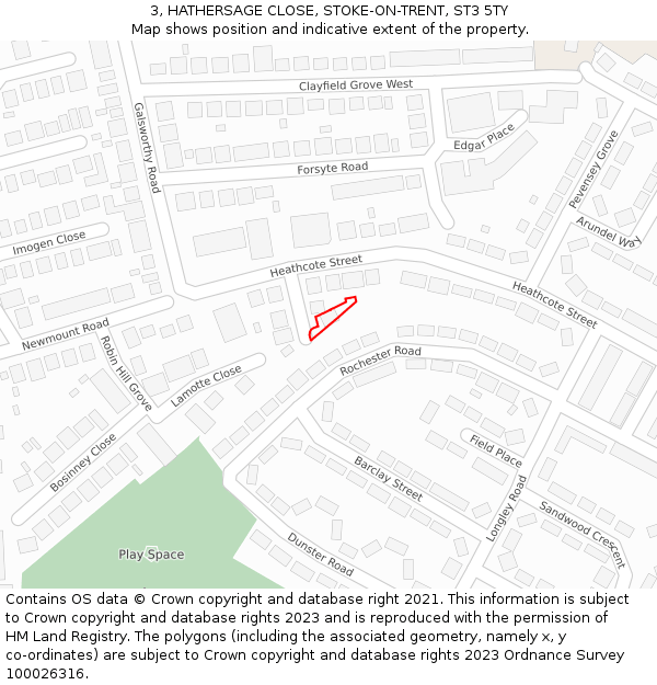 3, HATHERSAGE CLOSE, STOKE-ON-TRENT, ST3 5TY: Location map and indicative extent of plot