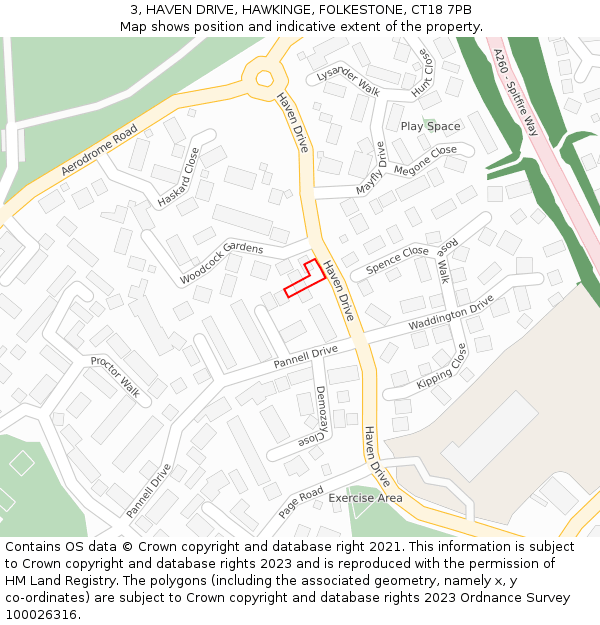 3, HAVEN DRIVE, HAWKINGE, FOLKESTONE, CT18 7PB: Location map and indicative extent of plot