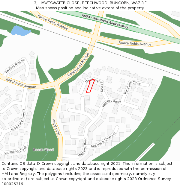 3, HAWESWATER CLOSE, BEECHWOOD, RUNCORN, WA7 3JF: Location map and indicative extent of plot