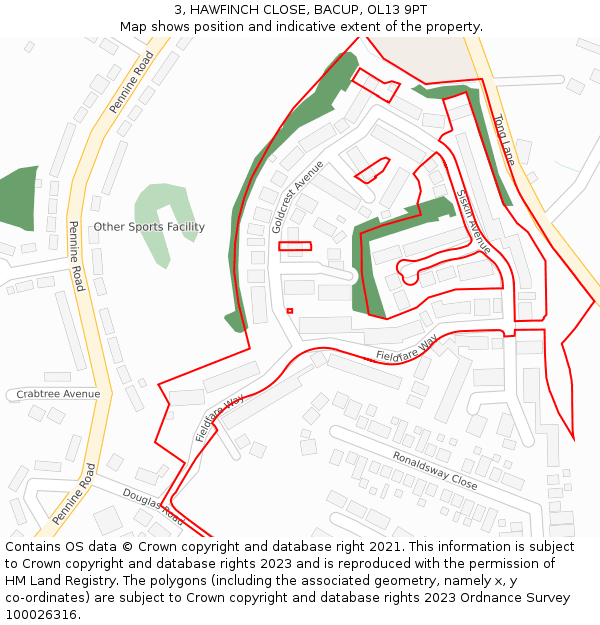 3, HAWFINCH CLOSE, BACUP, OL13 9PT: Location map and indicative extent of plot