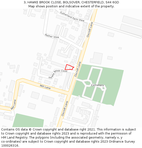 3, HAWKE BROOK CLOSE, BOLSOVER, CHESTERFIELD, S44 6GD: Location map and indicative extent of plot