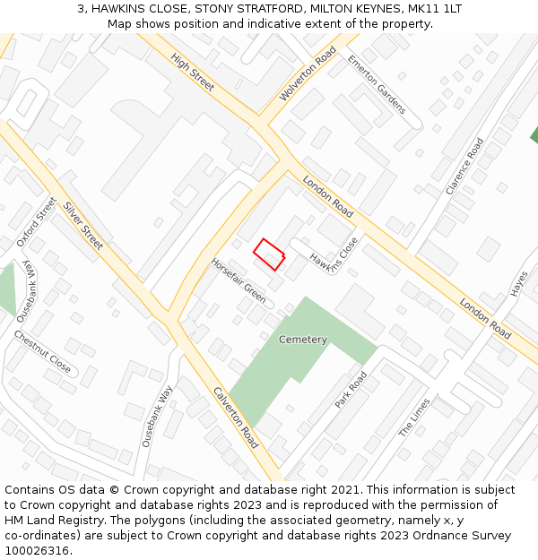 3, HAWKINS CLOSE, STONY STRATFORD, MILTON KEYNES, MK11 1LT: Location map and indicative extent of plot