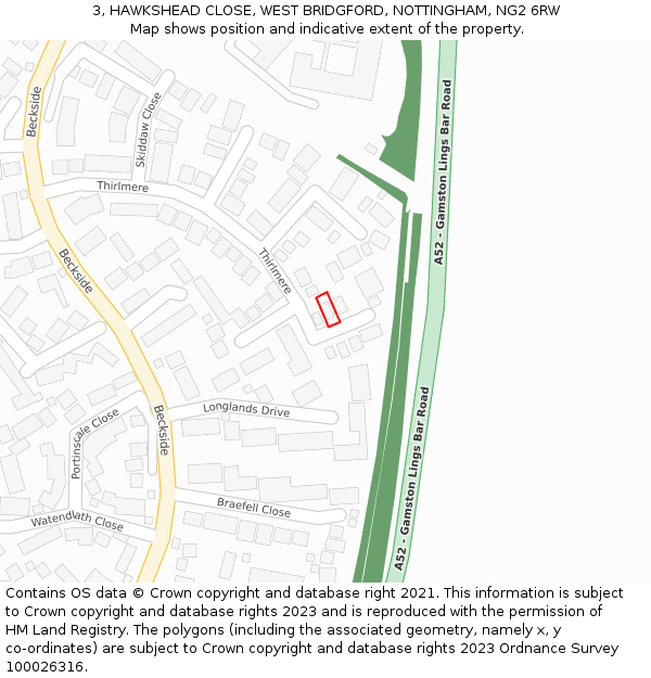 3, HAWKSHEAD CLOSE, WEST BRIDGFORD, NOTTINGHAM, NG2 6RW: Location map and indicative extent of plot