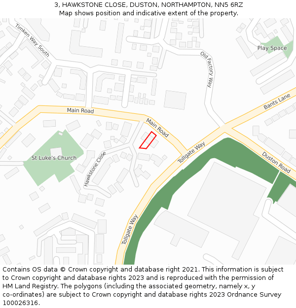 3, HAWKSTONE CLOSE, DUSTON, NORTHAMPTON, NN5 6RZ: Location map and indicative extent of plot