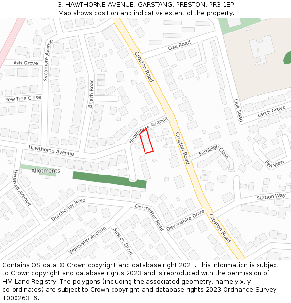 3, HAWTHORNE AVENUE, GARSTANG, PRESTON, PR3 1EP: Location map and indicative extent of plot