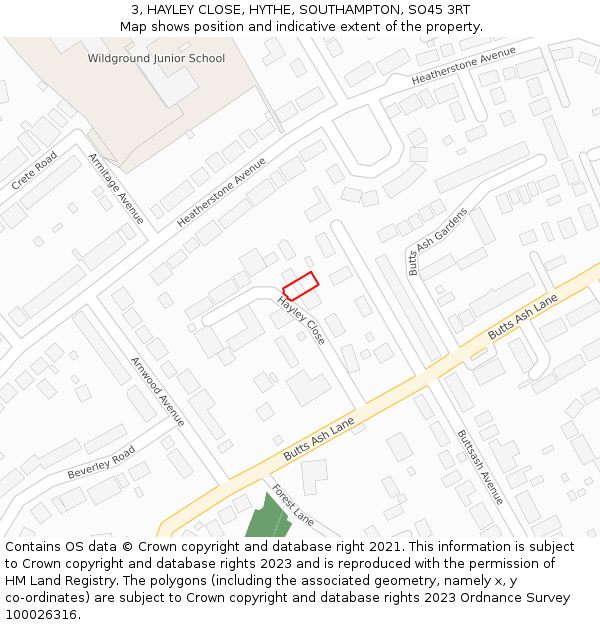 3, HAYLEY CLOSE, HYTHE, SOUTHAMPTON, SO45 3RT: Location map and indicative extent of plot
