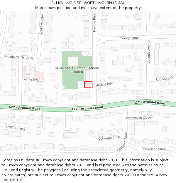 3, HAYLING RISE, WORTHING, BN13 3AL: Location map and indicative extent of plot