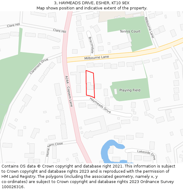 3, HAYMEADS DRIVE, ESHER, KT10 9EX: Location map and indicative extent of plot