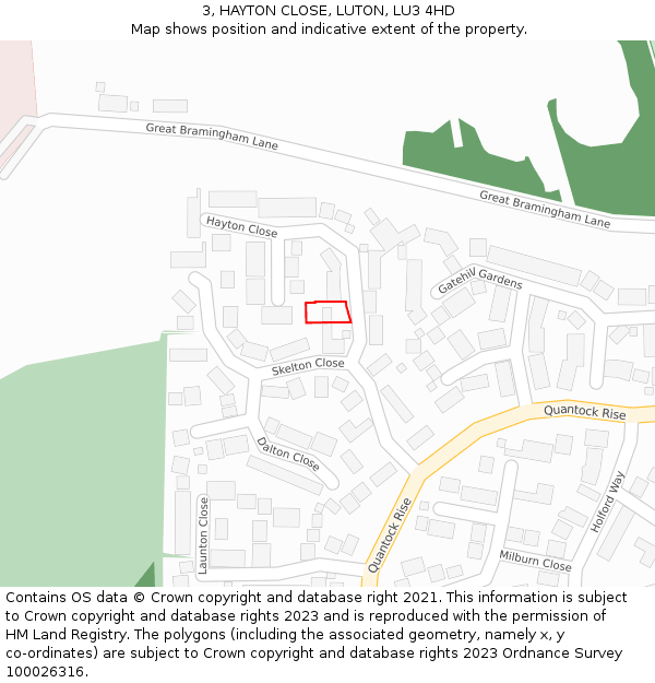 3, HAYTON CLOSE, LUTON, LU3 4HD: Location map and indicative extent of plot