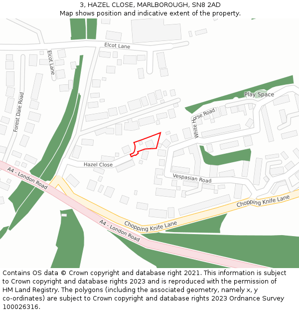 3, HAZEL CLOSE, MARLBOROUGH, SN8 2AD: Location map and indicative extent of plot