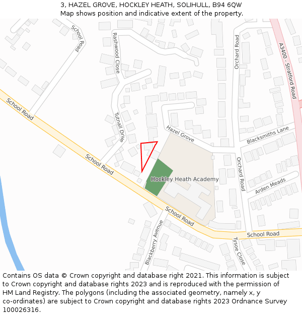 3, HAZEL GROVE, HOCKLEY HEATH, SOLIHULL, B94 6QW: Location map and indicative extent of plot