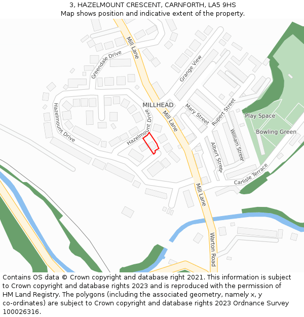 3, HAZELMOUNT CRESCENT, CARNFORTH, LA5 9HS: Location map and indicative extent of plot