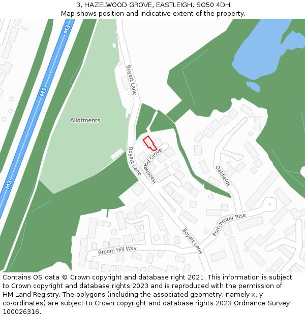 3, HAZELWOOD GROVE, EASTLEIGH, SO50 4DH: Location map and indicative extent of plot