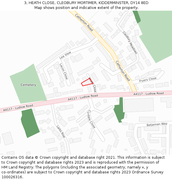 3, HEATH CLOSE, CLEOBURY MORTIMER, KIDDERMINSTER, DY14 8ED: Location map and indicative extent of plot