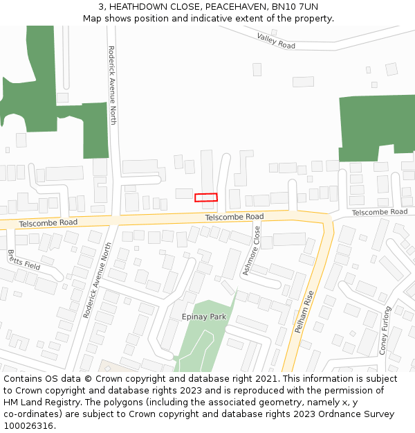 3, HEATHDOWN CLOSE, PEACEHAVEN, BN10 7UN: Location map and indicative extent of plot