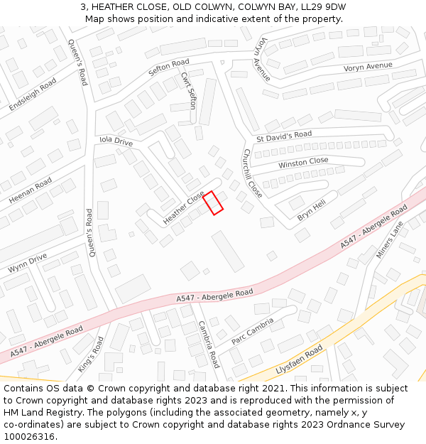 3, HEATHER CLOSE, OLD COLWYN, COLWYN BAY, LL29 9DW: Location map and indicative extent of plot